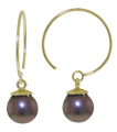 14K. SOLID GOLD CIRCLE WIRE EARRINGS WITH BLACK PEARLS