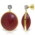 14K. GOLD DIAMONDS STUD EARRING WITH DANGLING CHECKERBOARD CUT ROUND DYED RUBIES